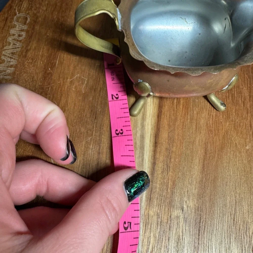 Vintage Copper Creamer Pitcher Scalloped Rim Brass Footed Tripod Base Patina